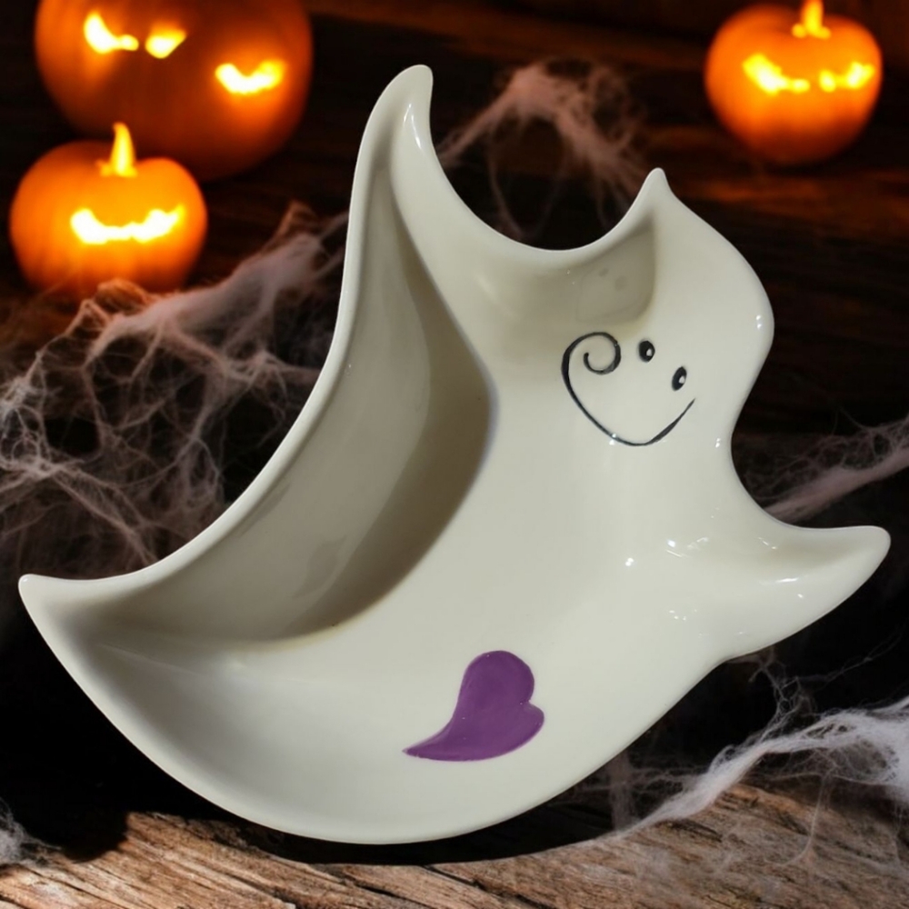 1 Dish Bowl Ghost Halloween Trinket Dessert Snack Red Purple Heart Ceramic Smile